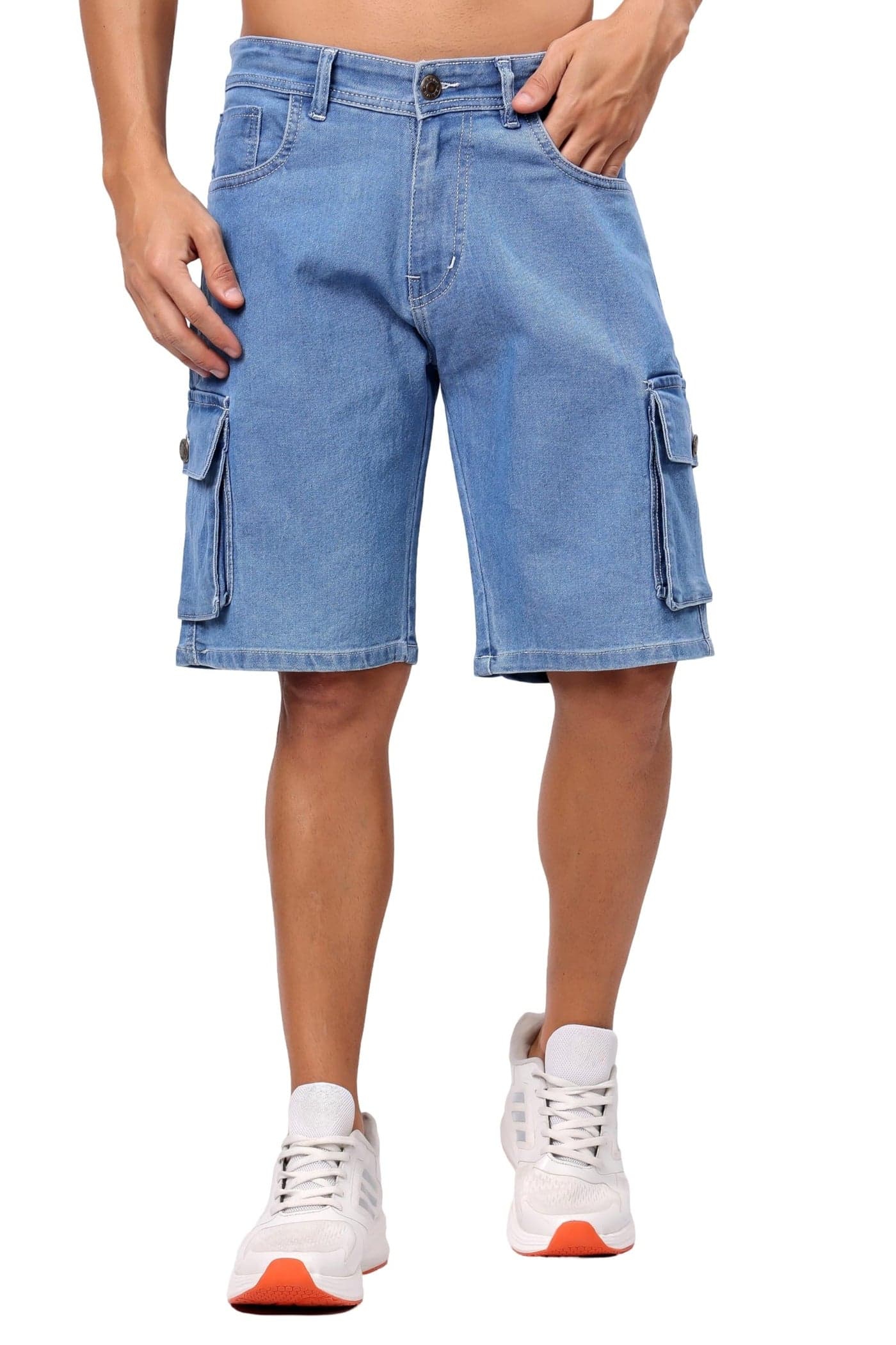 London Hills Men’s Denim Cargo Shorts | Mid Blue Cotton Blend Knee-Length Casual Shorts with Multi Utility Pockets | Relaxed Fit Stylish Summer Bottom Wear