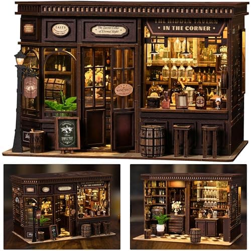 ISSEVE Book Nook Kit DIY Miniature House Kit for Adults Teens and Beginners Corner Tavern Dollhouse Booknook Tiny House Bookshelf Decor 3D Wooden Puzzle Gifts for Friends Family Corner Tavern