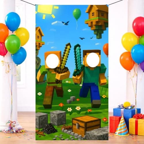 IndoTribe Video Game Birthday Decorations Face in The Hole Backdrop for Photos 6x3ft Face Cutout Photo Booth Props for Miner Gamer Birthday Party Decorations Door Prop Photo Booth Fabric Backdrop