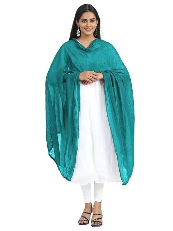 VinodRatna Women Pure Solid Cotton Dupatta With Pom Pom Border 2.25m (Teal Green, 2.25m)