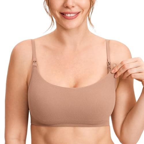MOMANDA Ribbed Nursing Bras for Breastfeeding Support Maternity Sports Bra Wireless Seamless Sleep Bralettes Gravel Beige Large