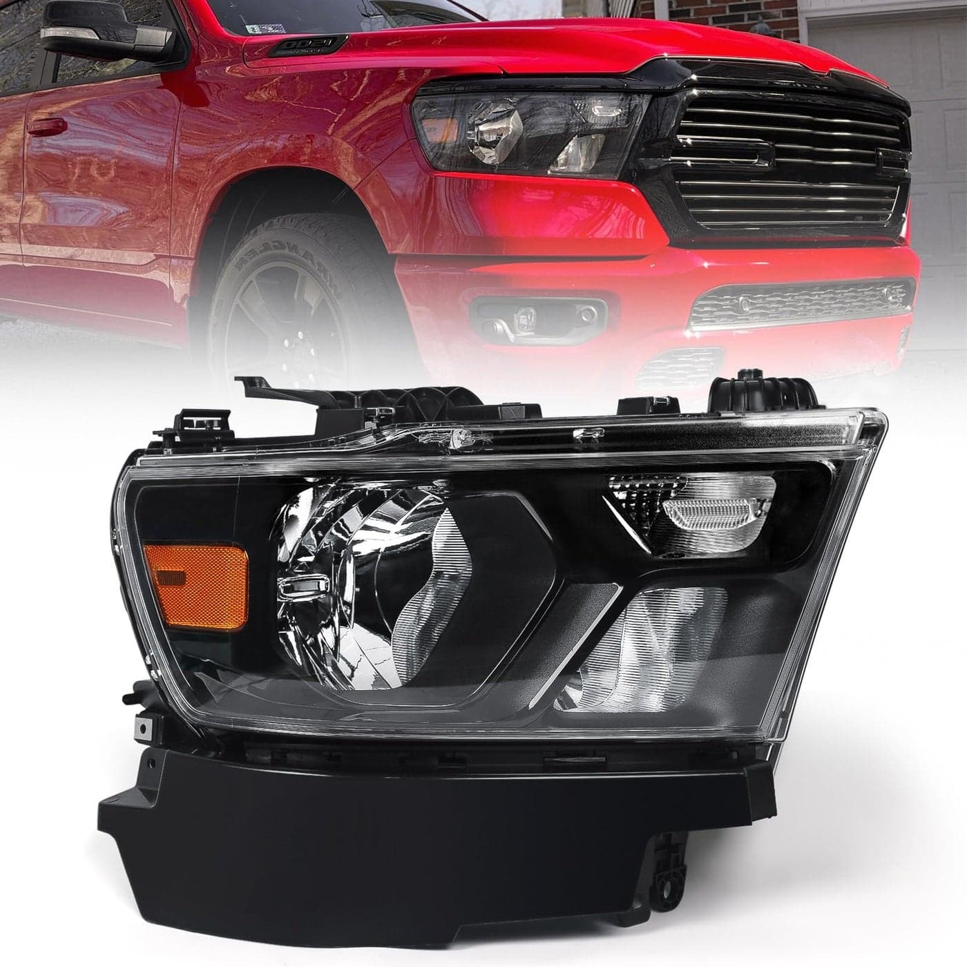 FIONE Halogen Headlights Assembly Compatible with Dodge Ram 1500 20192022 Replacement Headlamp with Black Frame Passenger Right Side RH 68316086AD 68316086AH