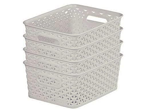 Curver My Style Rattan Effect Set of 4 Kitchen Living room Bathroom Bedroom Utility Small Rectangular Storage Baskets 4 Litres Light Grey