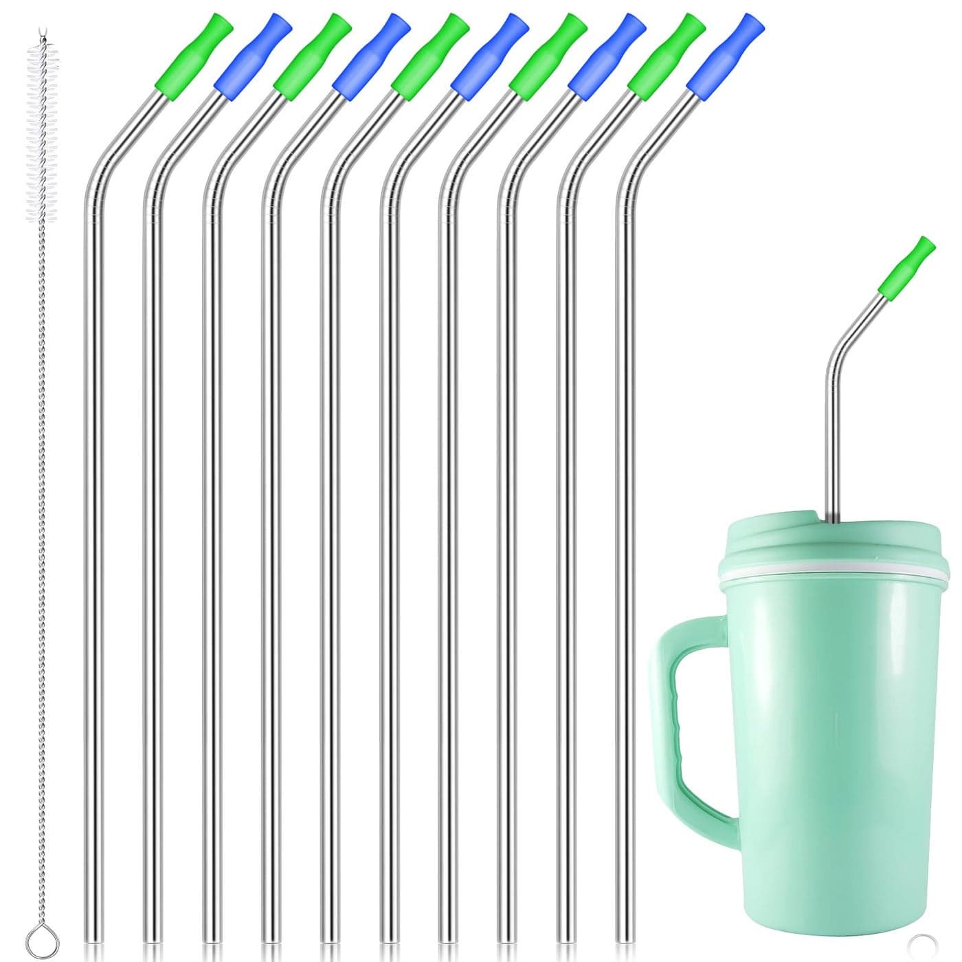 Patelai 10 Pieces 14 Inch Stainless Steel Straw Extra Long Reusable Bent Straw for 100 oz Tumblers with 10 Silicone Tips and 1 Cleaning Brush for Tall Cups Wide Insulated Travel MugSilver
