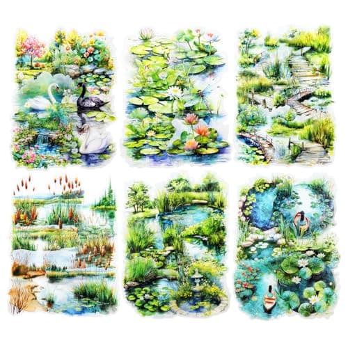 Miyouluna 60Pcs Pond Scenery PET Stickers NatureThemed Scrapbooking Supplies for Journaling DIY Crafts Collage Decoration and Card Making