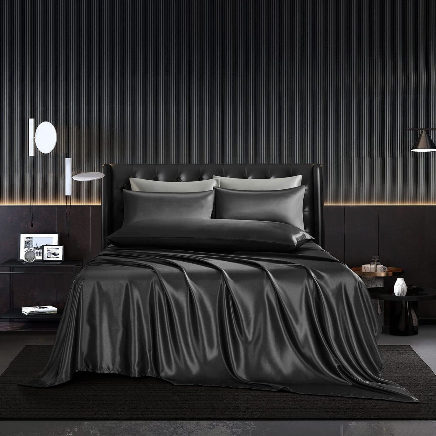 HommxJF 5Pcs Black Satin Sheets Set Full Size Sheets Comforter Black Satin Bedding Set with 1 Flat Sheet1Deep Pocket Fitted Sheet3 Pillowcases with Envelope Closure
