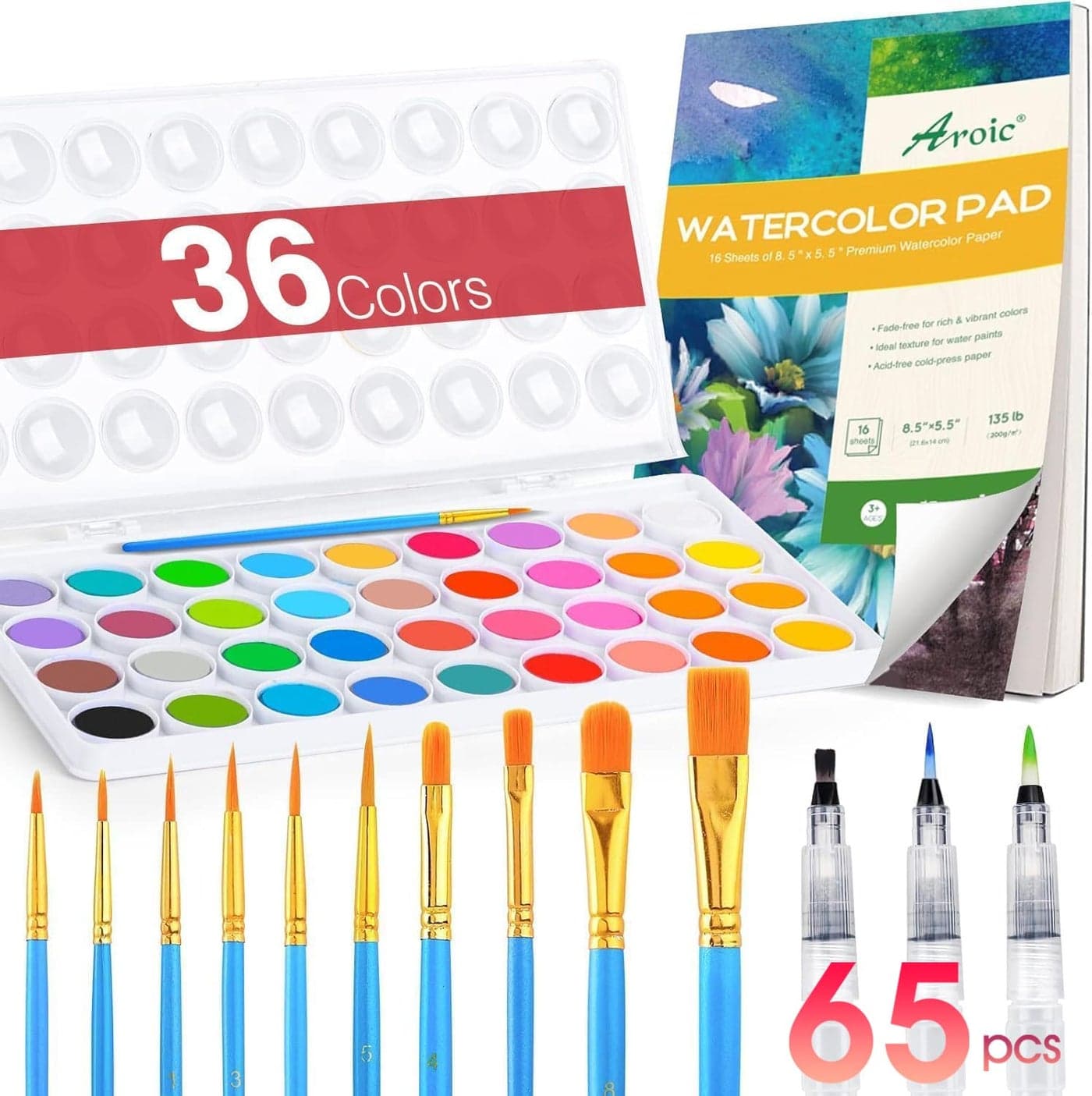 AROIC 65 Pieces Watercolor Paint Set36 Colors Watercolor10 Brushes3 Refillable Water Brush Pens16 Page Pad85 55inProfesional Watercolor Kit for Adults Artists Beginners