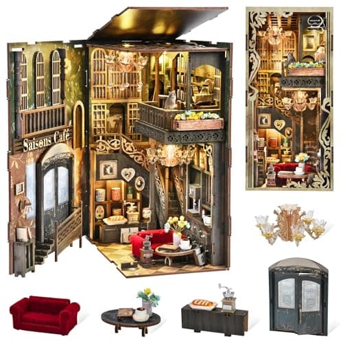 MiniCity Book Nook Kit DIY Miniature Dollhouse Kit 3D Puzzles for Adults Tiny House Mini Home Craft Bookshelf Nook Puzzle Book Decor Gifts for Teenagers Book Lovers Saisons Caf