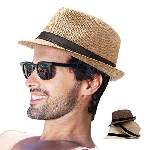 LADYBRO Fedora Hat Mens Trilby Straw Sunhat Panama Cuban Party 1920s Short Brim Summer Pack of 3(Beige,Coffee,Khaki)