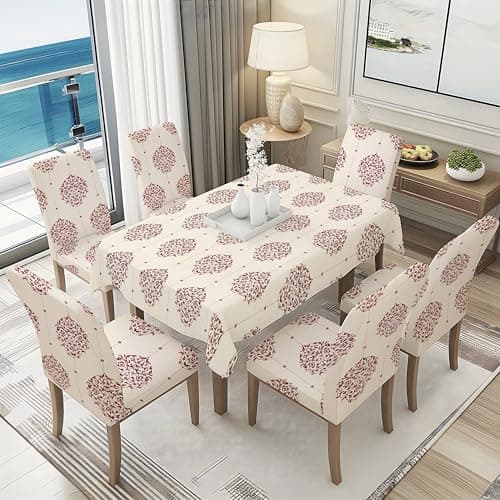 BRIDA® Polyester Spandex Stretchable Floral Geometric Printed Dining Chair Covers Elastic Chair Seat Case Protector, Slipcovers (6 Seater Table Cover + 6 Chair Cover, Damask Beige)