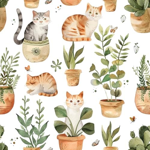 VistaPalette Watercolor Cute Potted Plants OrangeGrey Cat Peel and Stick Wallpaper Wall Decor Self Adhesive Wall Paper Stick on Easy Peel Off Contact for Renter Apartment