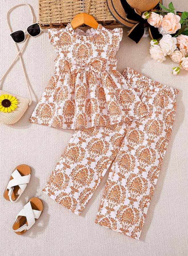 Girls Floral Print Frill Sleeve Top And Pants Set