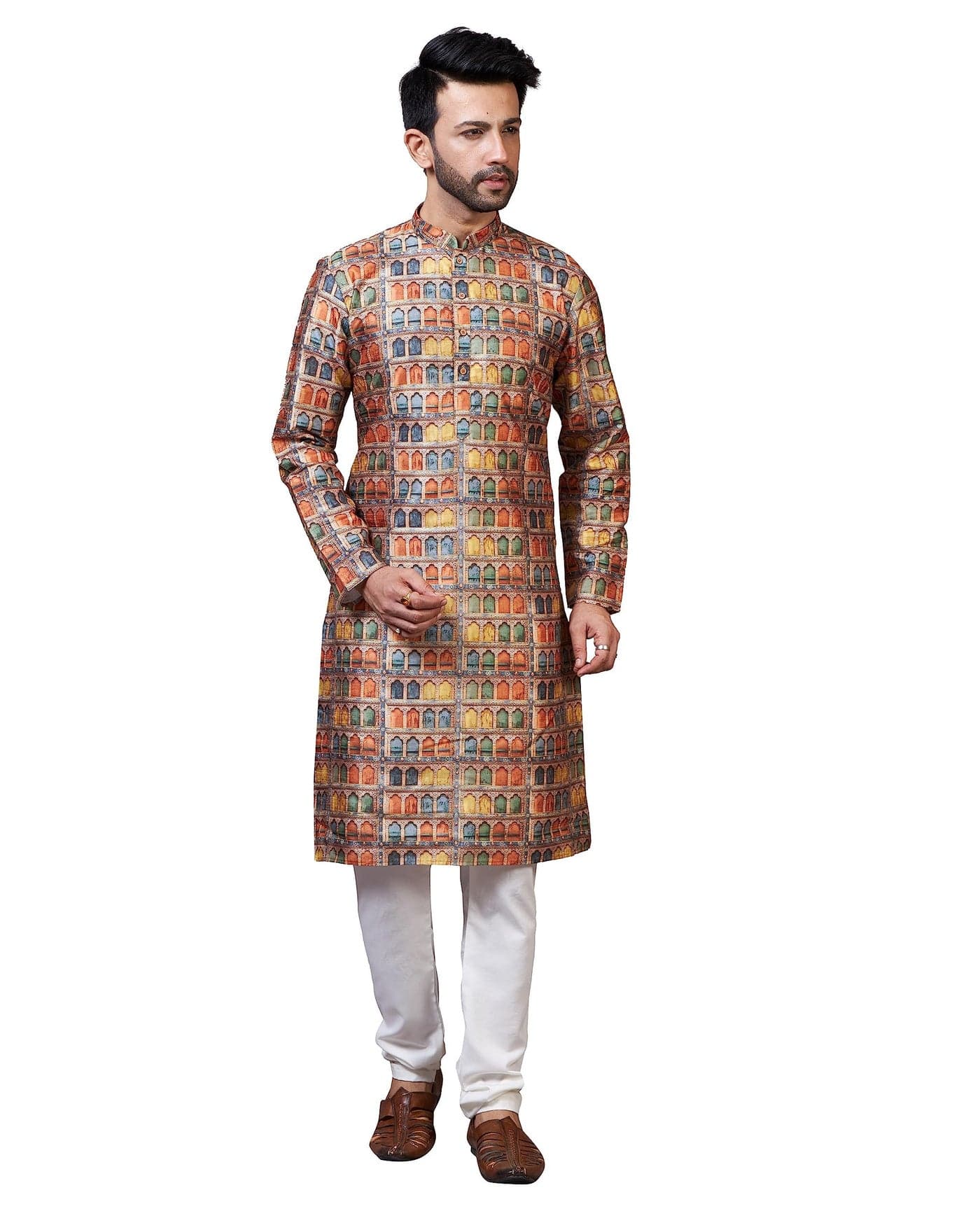 Logass Men's Silk Blend Printed Kurta Pyjama Set (Dp-Multicolor, Xl)