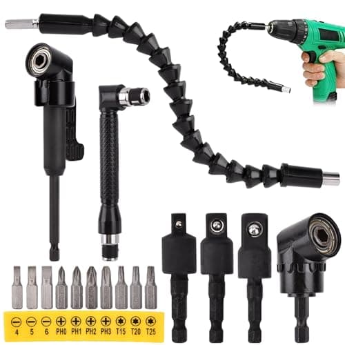 17Pcs Flexible Drill Bit Extension, with 3pcs Rotatable Socket Adapter, 2Pcs Hex Shank 105° Right Angle Drill Attachment, 10pcs Short Screwdriver Bit, 90° Angled Bits and Bendable Drill Bit Extension