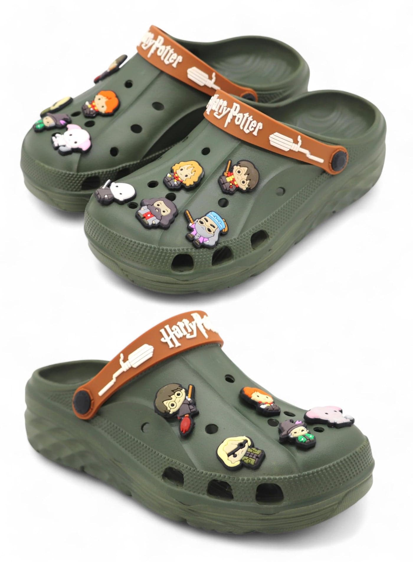 SVAAR x Harry Potter Men's Magical Clogs with 10 Authentic Harry Potter Charms Included and Adjustable Back Strap Olive Green