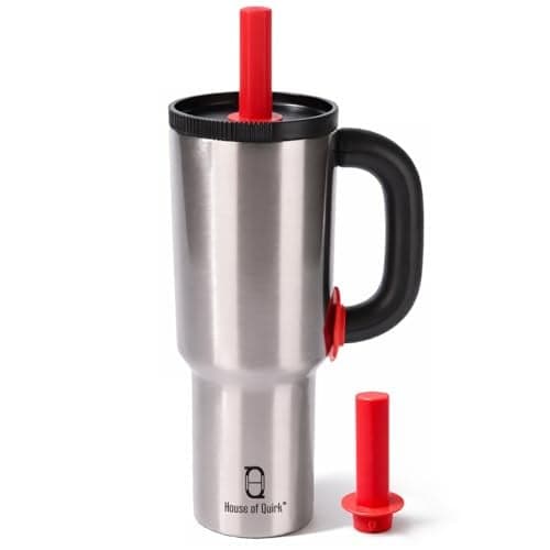 House of Quirk 1200ml Stainless Steel Tumbler with Handle, Straw & Straw Cap | Leakproof Water Bottle | Large Capacity Travel Mug (Chrome)