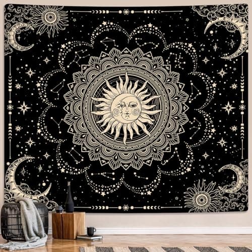 ARTCREATOR Sun and Moon Tapestry, Black Golden Mandala Tapestries Astrology Space Wall Hanging Boho Hippie Decor for Bedroom, Living Room, Ceiling (29" x 37")