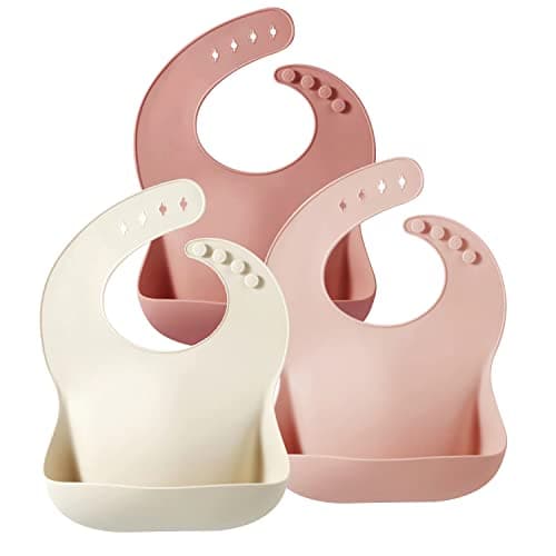 PandaEar Set of 3 Silicone Baby Bibs Waterproof Soft Adjustable Bibs for Babies Toddlers 1072 Months Light pinkRoseLinen