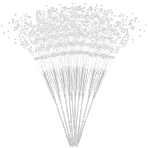 IMIKEYA Pearl Stick Stems Bouquets 100pcs String Pearls Sticks 4mm Bead String Garland Pearls String Floral Beaded Sticks Picks for Wedding Christmas Party Home Decor DIY Crafts
