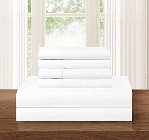 Elegant Comfort Luxury Soft 1500 Premium Hotel Quality Microfiber Wrinkle and Fade Resistant Cozy 6-Piece Bedding Set, Easy All Around Elastic Fitted Sheet, Deep Pocket, King, White