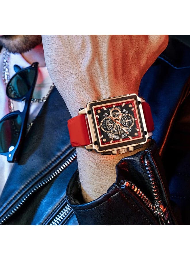 Skmei Men's Quartz Watch Super Bright Night Light Trendy Men's Watch Square Wristwatch Gift For Boyfriend 7098 Red