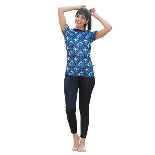 RRovars Poly Jersey Two Piece Women Swimwear Printed Swim Top with Plain Legging (Blue; L)