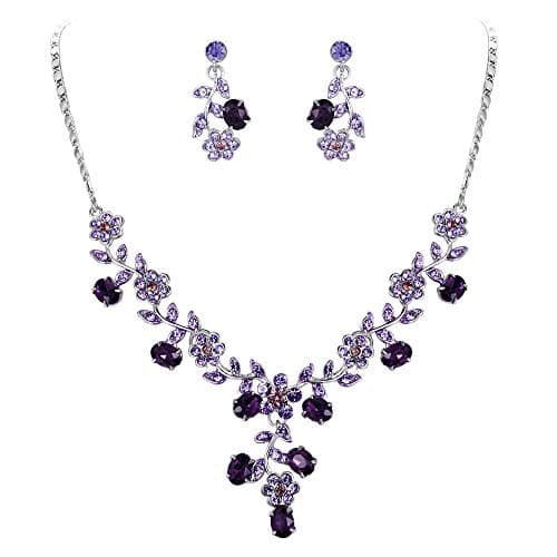 EVER FAITH Wedding Jewelry for Bride, Austrian Crystal Cluster Flower Leaf Bridal Pendant Necklace Earrings Sets Purple