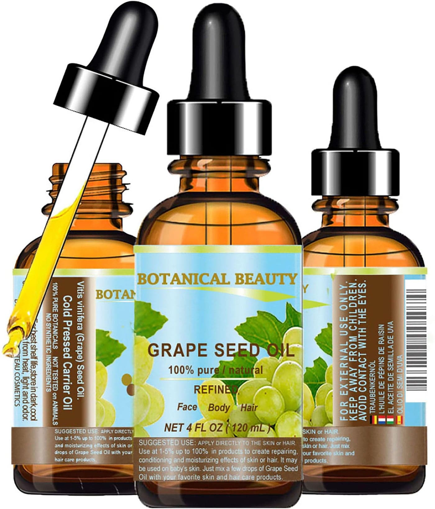 Botanical Beauty GRAPE SEED OIL 100 Pure Natural Undiluted Refined Cold Pressed Carrier Oil for Face Skin Body Hair Massage Lip Nails 4 Fl oz120 ml