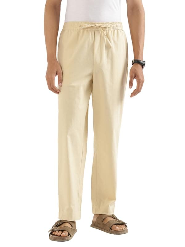 SAADAA Men’s 100% Cotton Pants | Mid-Rise Straight Fit Casual Trousers with Elastic Waistband and 3 Pockets | Everyday Wear(Beige_L)