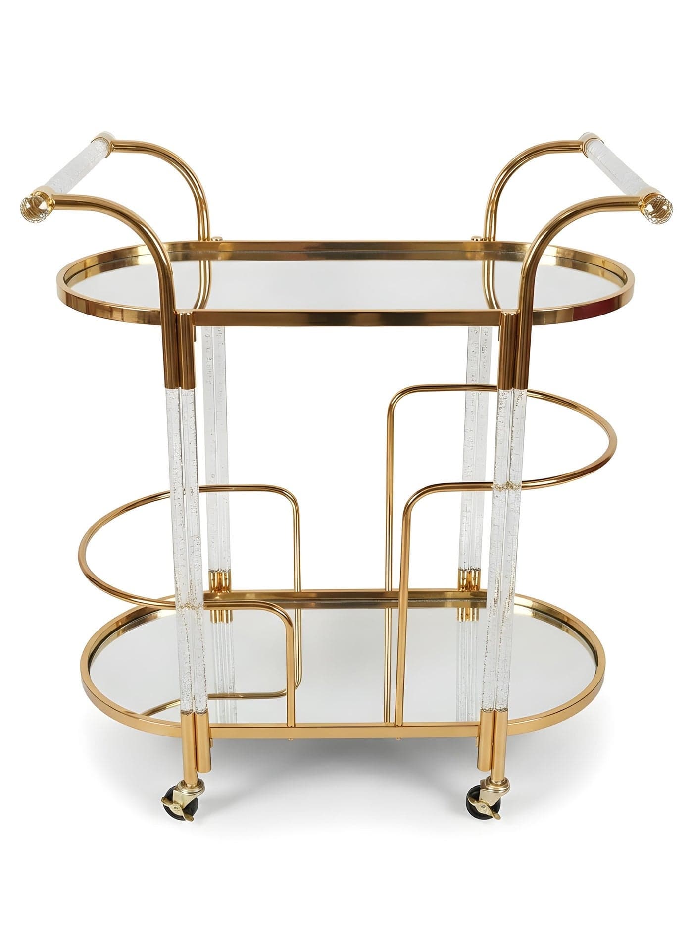 Luxury Gold 2-Tier Round Bar Cart with Mirror Glass Shelves – 73x48.5x91 cm Rolling Serving Trolley with Handles – Modern Multi-Purpose Food Storage Trolley