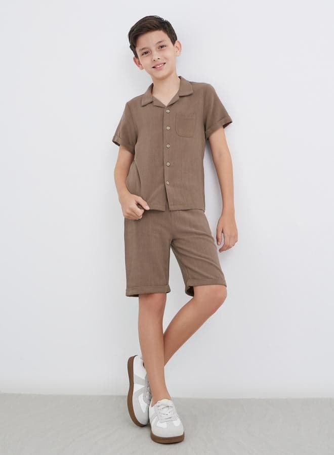 Linen Look Plain Shirt And Shorts Set
