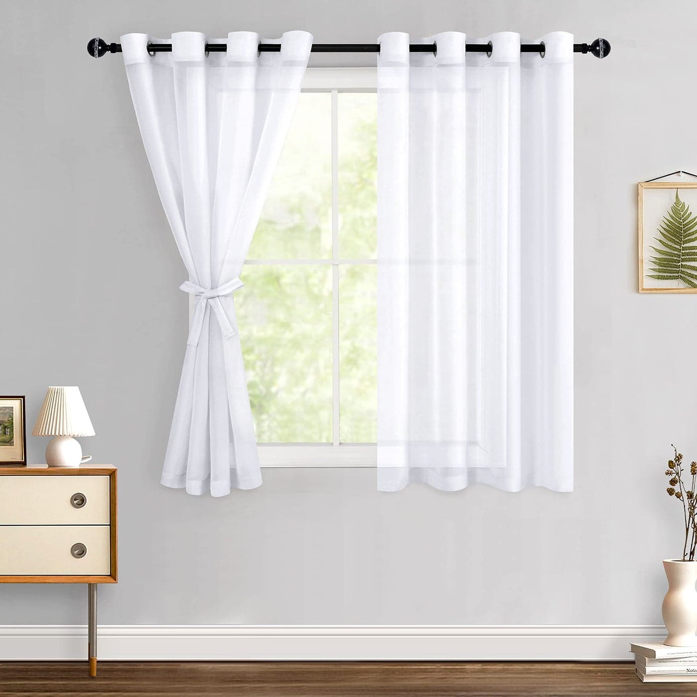 Hiasan White Sheer Curtains 54 inch Length with Tiebacks Grommet Light Filtering Semi Transparent Voile Drapes Grommet Window Curtains for Living Room Bedroom W52 x L54 Set of 2 Panels