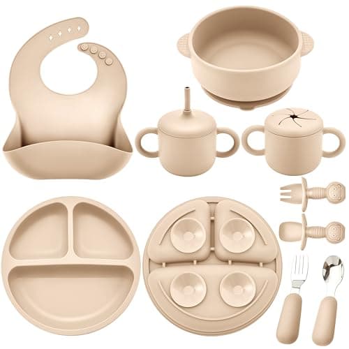 Bufims Silicone Baby Feeding Set, Baby Led Weaning Supplies, Eating Essentials Utensils with Suction Plate and Bowl, Pocket Bib, Sippy Cup with Lid, Forks Spoons Snack Container, for 6+ Months, Beige