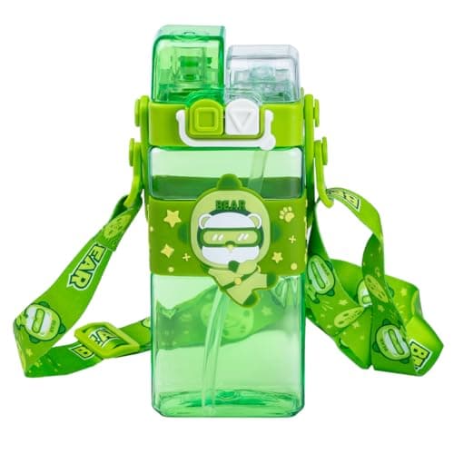 Elecart Dino Kid's Cartoon Water Bottle with Adjustable Strap – Cute Double Drinking Straw Cup | Leak-Proof, Portable Tumbler – 500ML – Perfect for School & Outdoor Fun (Bear)