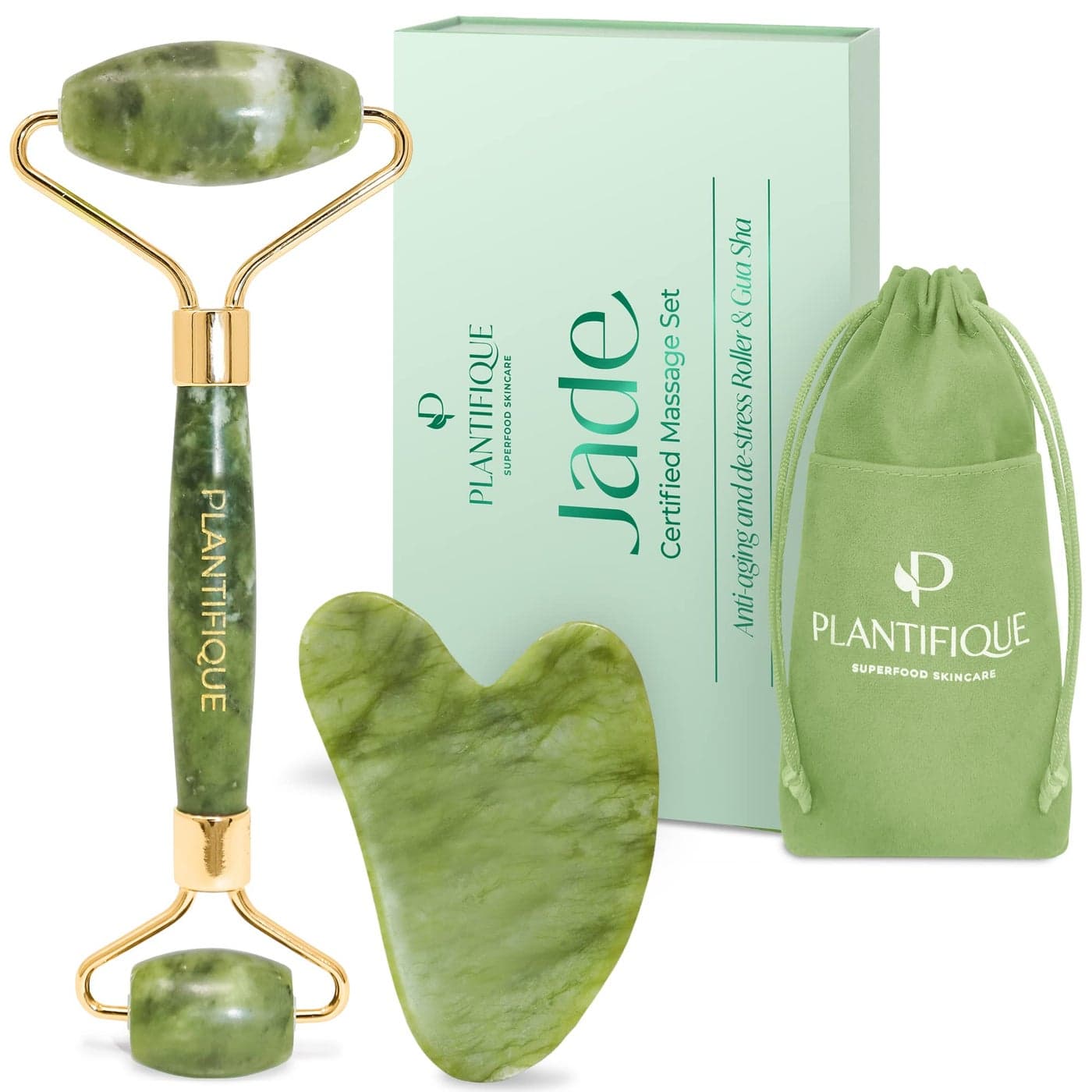 PLANTIFIQUE Jade Roller Gua Sha Set Real Jade Facial Tools for Skin Care Routine Certified Face Massager for Radiant Skin