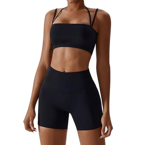 IMEKIS Workout Sets for Women 2 Piece Yoga Outfit: Tracksuits High Waisted Running Biker Shorts with Sport Bra Shirt Exercise Clothes Athletic Gym Sets Matching Active Wear B - Black Small
