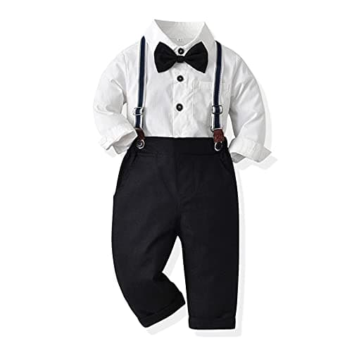Autumn Baby Boys Clothes Sets Toddler Boy Outfits Gentleman Suits 3pcs Striped Bow Tie Shirts and Suspenders Pants Casual Birthday Formal Wedding Party Dress Suits Black + White Striped 4-5 Years