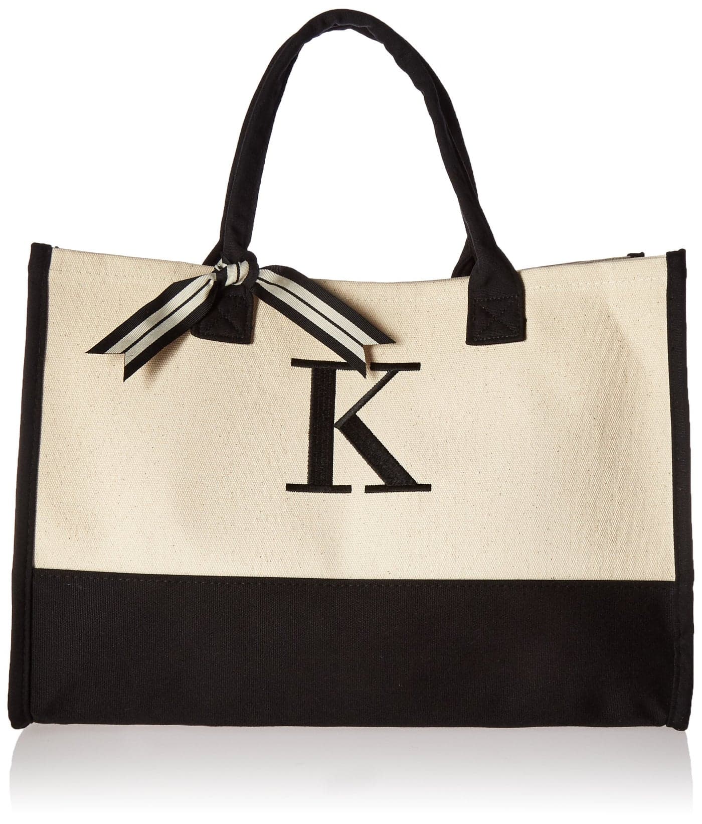 Mud Pie Classic Black and White Initial Canvas Tote Bags (K), 100% Cotton, 17" x 19" x 2"