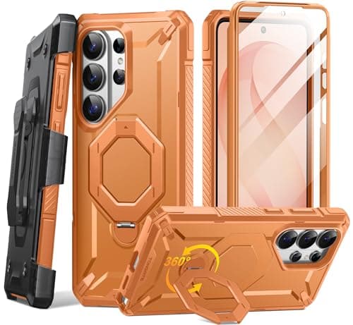 TONGATE for Samsung Galaxy S26 Ultra Case with 360° Spin Magnetic Stand, Compatible with MagSafe, Built-in Screen Protector & Belt Clip, Non-Slip Military Grade Protection Case for S26 Ultra, Orange