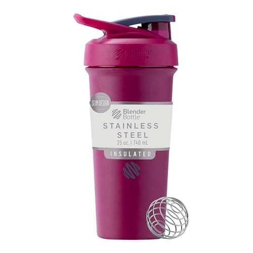 BlenderBottle Sport Sleek Insulated Stainless Steel Shaker Bottle with Wire Whisk 25Ounce Raspberry Protein Shakes Hydration for Athletes Fitness Enthusiasts Easy Mixing Slim Easy to Hold Keeps Drinks Cold Lockable Lid