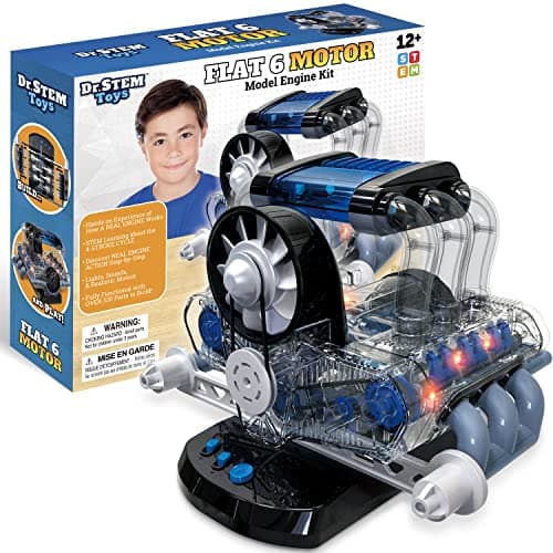Dr STEM Toys Model Engine Kit for Boys Girls Ages 12 Realistic Replica Flat 6 Motor Has Over 320 Parts Real Motorized Action LED Lights Sound Effects Comes with Detailed Directions