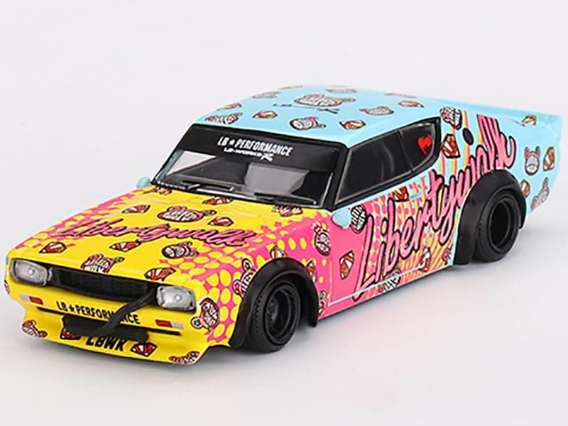 Skyline Kenmeri Liberty Walk RHD (Right Hand Drive) Kuma Light Blue and Yellow with Graphics Limited Edition 1/64 Diecast Model Car by Mini GT MGT00698