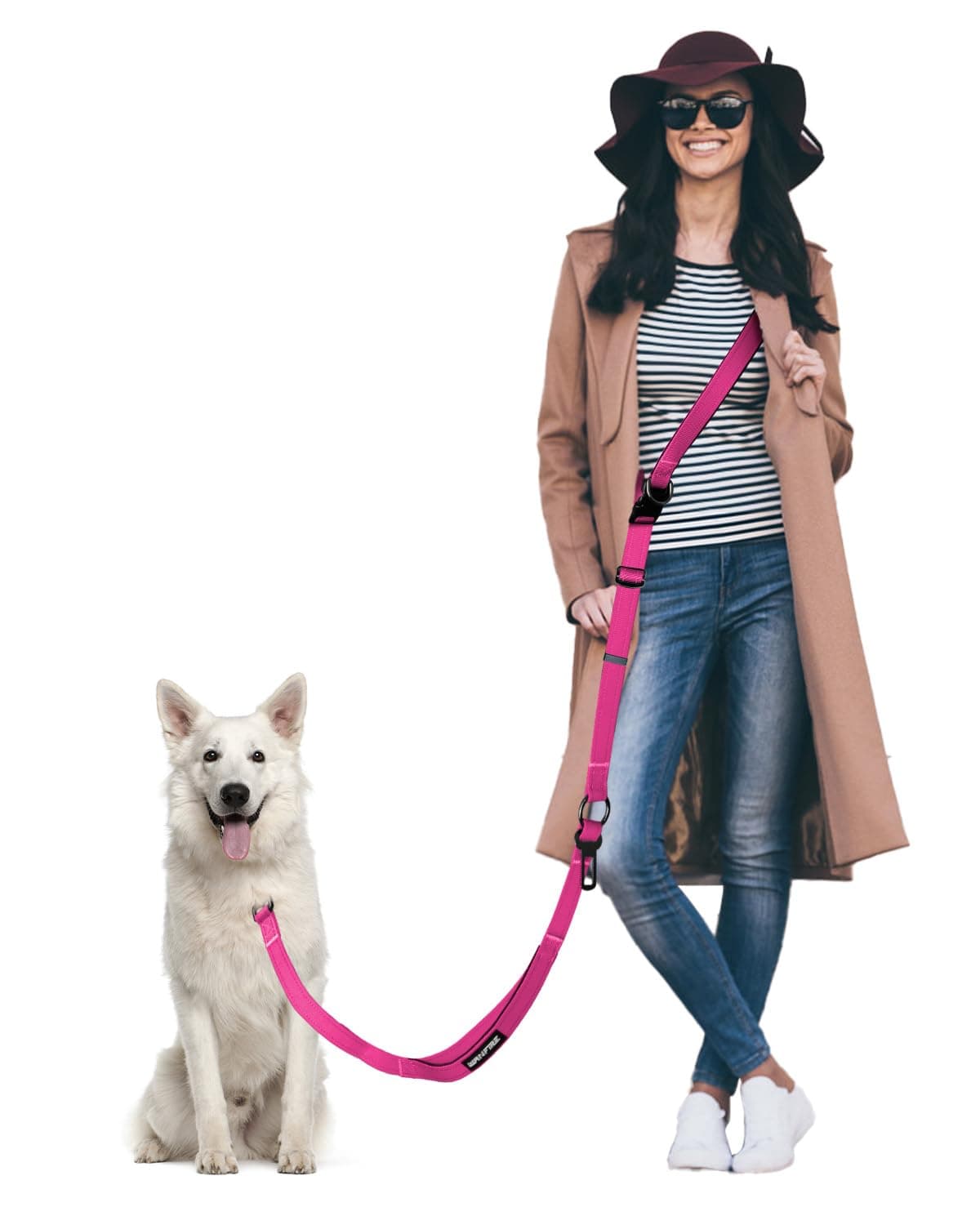 WANFIRE Hands Free Dog Leash & Car Seatbelt, 5.9-9.5ft Crossbody Dog Belt with Dual Soft Handles, Shock-Absorbing, 360° Clip, Reflective Design for Walking, Running, Hiking, Travel. (Rosered)