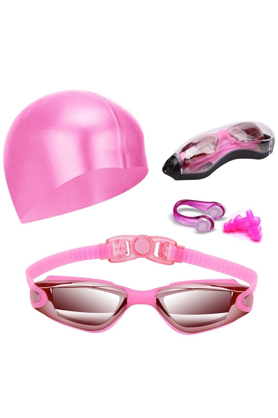 Swim Goggles Swimming Goggles No Leaking with Nose Clip, Earplugs, Swim Cap and Case for Men Women (Pink - Silver)
