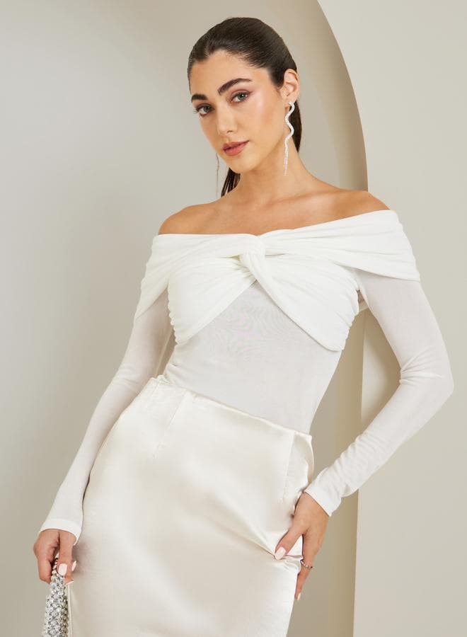 Women Off White Off-Shoulder Knit Top