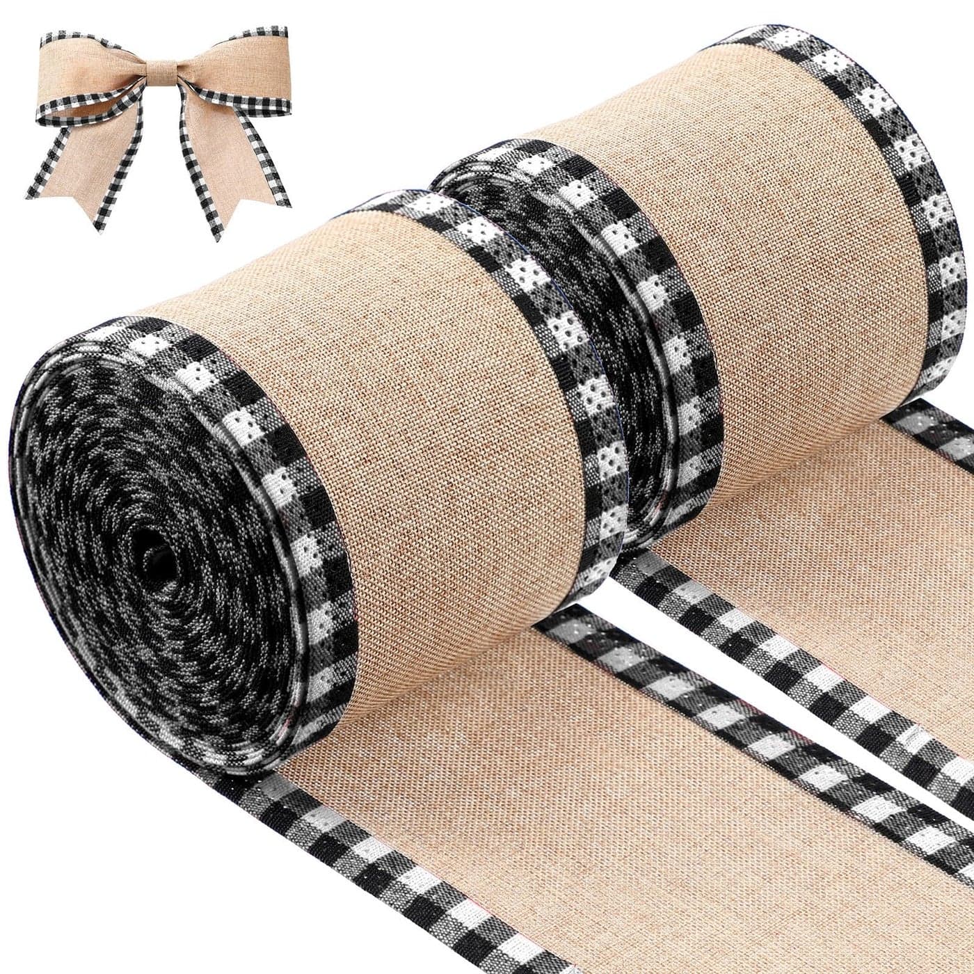 2 Rolls Christmas Buffalo Plaid Wired Edge Ribbons Christmas Tree Burlap Fabric Craft Wrapping Ribbon with Checkered Edge 216 Inch25 Inch WidthBlack and White