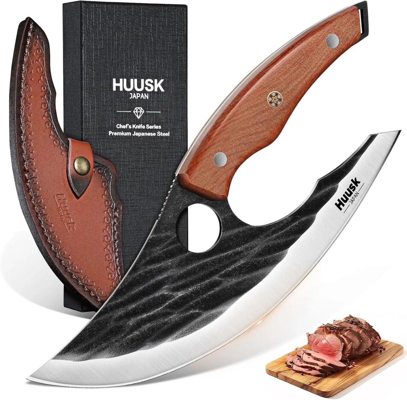 Huusk Japan Ulu Knife with Sheath - Christmas Gift for Men and Women - Hand Forged Caveman Ultimo Knife with Full Tang Wooden Handle - BBQ Knives for Vegetables, Fruit, Pizza - Gifts for Men and Women