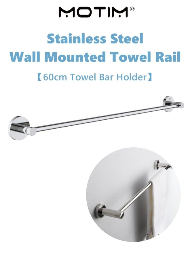 Wall Mounted Towel Rail Towel Bar Holder Single Bathroom Towel Rod Stainless Steel Polished Silver Finish Towel Storage Shelf (60CM)
