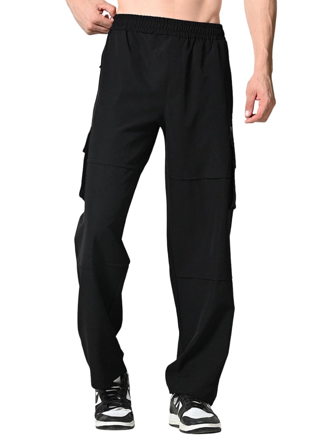 FITINC Lycra Cargo Pants for Men | Versatile Dri-Fit Mens Cargo Joggers with Zipper Pockets | Stretchable Loose Fit Track Pants for Casual Sports – Black, Small