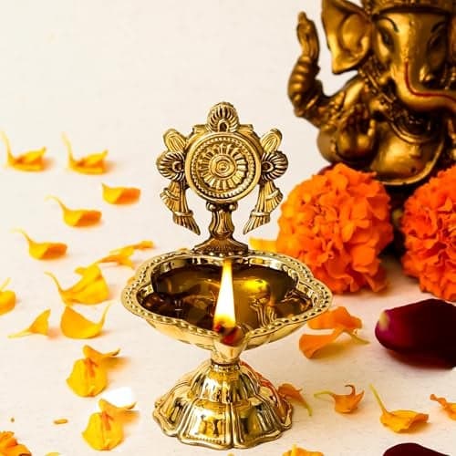 Klassic 4.3 Inch Brass Shankh Chakra Diya | Aarti Oil Lamp for Mandir, Pooja & Home Temple | Traditional Deepak for Diwali, Navratri & Festive Decor | Pack of 1